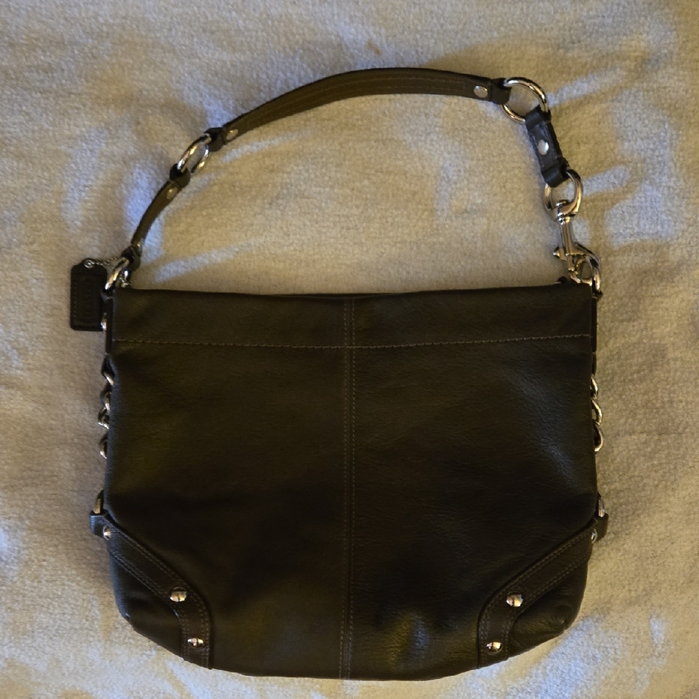 Authentic COACH Brown Leather Shoulder Bag Silver Chain Trim Zipper LIKE NEW